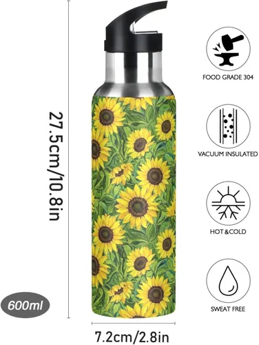 Miniatura 9 de Botella de agua aislada de 32 onzas, botellas de agua a prueba de fugas para gimnasio, viajes al aire libre, escuela, girasoles hojas verdes