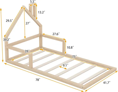 Miniatura 2 de Harper & Bright Designs Cama de piso de casa tamaño individual para niños con cabecero, listones de madera, no necesita somier, natural Natural Con