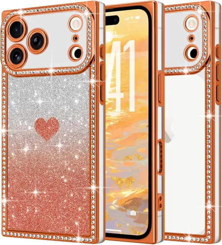 Miniatura 40 de Funda para iPhone 13, funda de diamantes de imitación de lujo con patrón de corazón de amor de cristal [papel con purpurina extraíble], parachoques