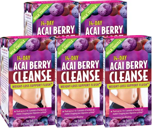 Applied Nutrition Limpieza de bayas de acai para 14 días, 56 tabletas, paquete de 5, soporte para bajar de peso + cardo mariano, 140 porciones en