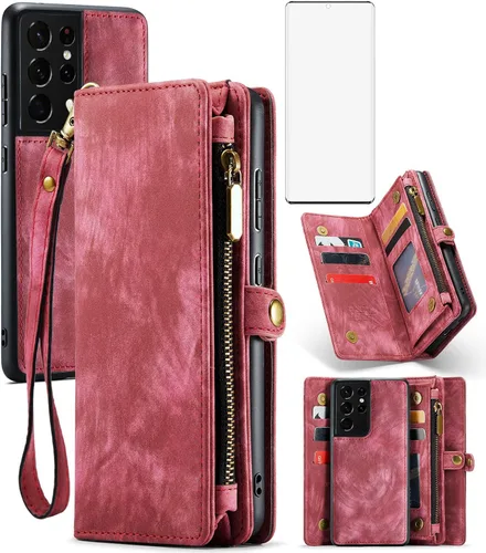 Miniatura 9 de Asuwish Funda de teléfono para Samsung Galaxy S21 Ultra Glaxay S21ultra 5G con cremallera, protector de pantalla de vidrio templado y tarjetero