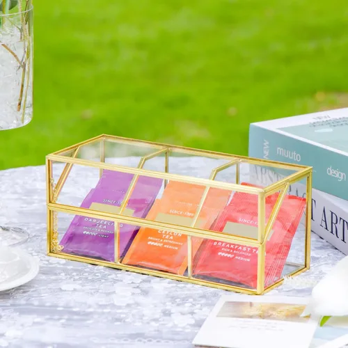 Miniatura 2 de NCYP Organizador de bolsas de té de vidrio con tapa, caja de almacenamiento pequeña de 3 ranuras para bolsitas de té, vitrina de mostrador