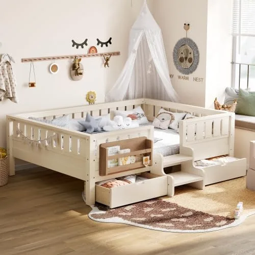Miniatura 14 de Bellemave Cama Montessori de tamaño Queen con 2 cajones y estantería, camas de suelo para niños con barandillas de seguridad y escaleras, marco