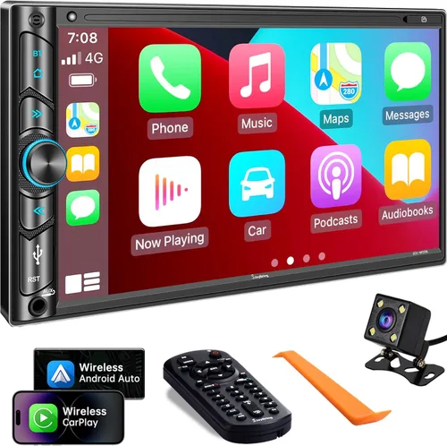 Estéreo de auto doble DIN compatible con control de voz Apple Carplay - Monitor de pantalla táctil LCD HD de 7 pulgadas, Bluetooth, subwoofer,