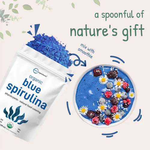 Miniatura 5 de Polvo de espirulina azul orgánica (extracto de ficocianina), 30 porciones, sin olor a pescado, proteína 100% vegana de algas azul-verdes, colorante
