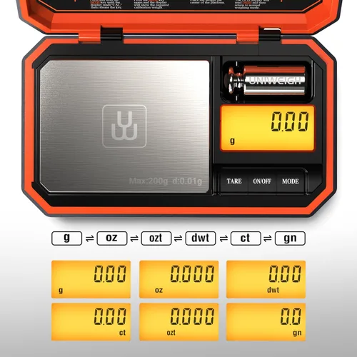 Miniatura 2 de UNIWEIGH - Báscula digital de bolsillo de 200 g/0.01 g, báscula digital de gramos, conversión de 6 unidades, báscula para joyas, báscula para Naranja