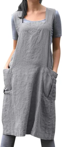 XUNRYAN Delantal de lino de algodón para mujer, delantal cruzado en la espalda, vestido para hornear, cocinar, jardinería, trabajo, vestido con