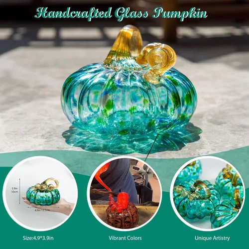 Miniatura 2 de QFkris Calabaza de cristal soplada a mano para decoración, 3.4 x 3.5 pulgadas, decoraciones de otoño para el hogar, figura de calabaza de cristal