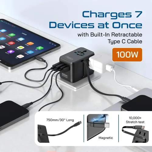 Miniatura 4 de Ceptics Adaptador de viaje universal GAN de 100 W con cable USB-C retráctil, 2 puertos USB-A y C, entrada universal y 1 entrada USA/JP, adaptador