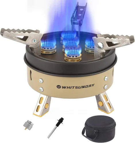Miniatura 9 de Whitsunday Estufa de camping de 6800 W, 3 quemadores, resistente al viento, portátil, con adaptador de recipiente de combustible, encendido