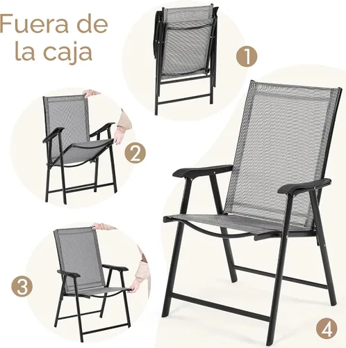 Miniatura 7 de Yaheetech Juego de 4 sillas de comedor para patio con reposabrazos, sillas plegables para exteriores con marco de metal y respaldo para césped, Gris