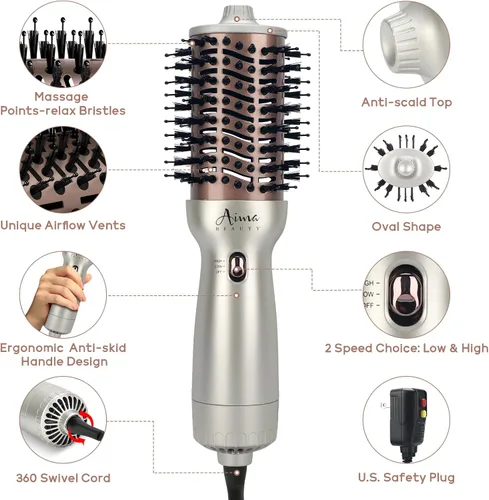 Miniatura 5 de Aima Beauty Cepillo de Aire Caliente de Viaje Mundial 4 en 1 Cepillo de Peinado de Doble Voltaje Forma Ovalada 110V-120V/220V-240V Alisador Cepillo