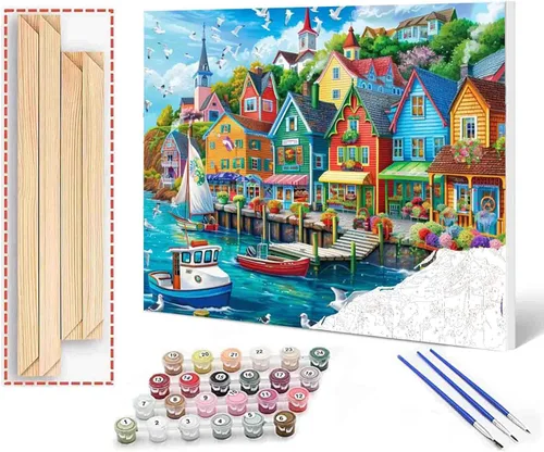 Miniatura 17 de Kit de pintura al óleo para ventana de playa, paisaje, por números, 16 x 20 pulgadas, lienzo, flores, paisaje, bricolaje, pintura al óleo para Pbn