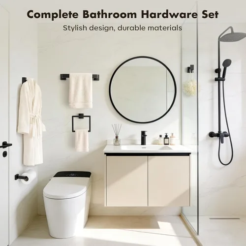 Miniatura 7 de Juego de accesorios de baño con barra de toallas: 10 piezas de hardware de baño negro mate SUS304 de acero inoxidable - Toallero montado en la pared