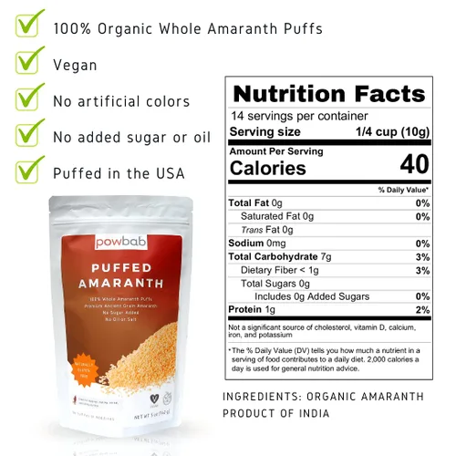 Miniatura 2 de powbab Amaranto inflado – Amaranto 100% orgánico reventado en bocanadas enteras de Estados Unidos. Buena fuente de proteínas, sin aceite o sal, sin