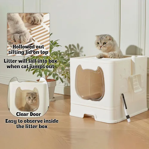 Miniatura 3 de Gefryco Caja de arena plegable para gatos con tapa, caja de arena cubierta para gatos pequeños y medianos, orinal cerrado para gatos con pala