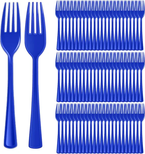 Roshtia 100 tenedores de plástico azul oscuro, cubiertos desechables de 7.3 pulgadas, juego de cubiertos de alta resistencia, juego de tenedores