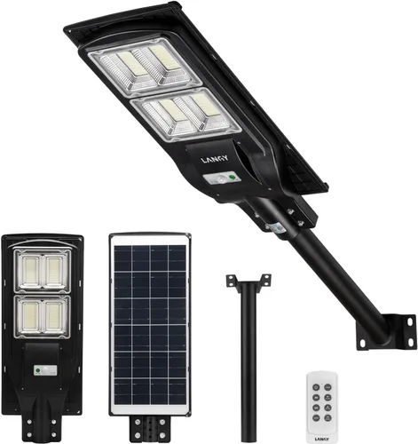 LANGY Farola solar de 180000 lúmenes, 240 piezas LED, batería de 18000 mAh, lámpara de calle LED de alta potencia solar de lúmenes para exteriores,