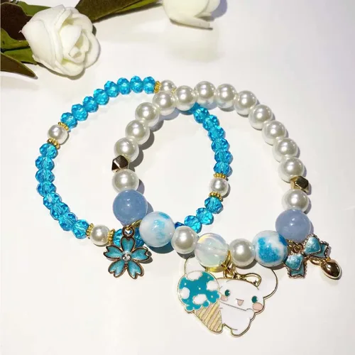 Miniatura 2 de Pulsera de cristal Kawaii con cuentas elásticas de dibujos animados, conjunto de pulseras a juego de pulseras de cuentas de cristal azul, rosa