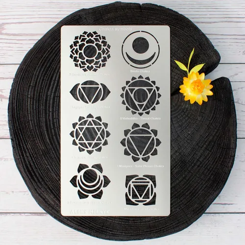 Miniatura 5 de Aleks Melnyk No.415 Plantilla de metal, chakras, mandala, yoga, símbolos para meditación, Om, geometría sagrada, plantilla para leña, grabado