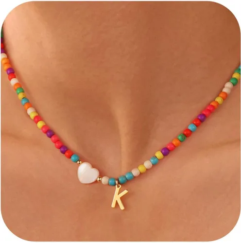 Ursteel - Lindos collares coloridos con iniciales, gargantilla de cuentas de moda, regalo personalizado con iniciales para mujeres, adolescentes y