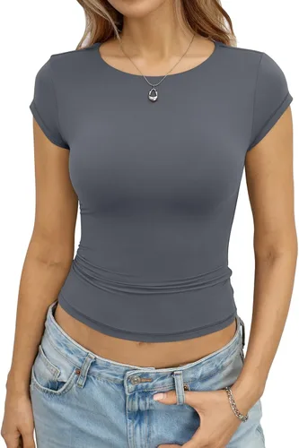 Miniatura 8 de EasyGala Camisetas de manga casquillo recortadas con doble forro para mujer, cuello redondo, camisetas ajustadas para salir, ropa de verano Y2K 2026