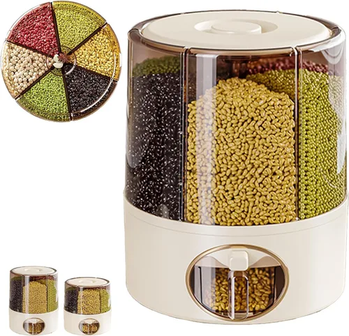 Miniatura 7 de Dispensador de granos, dispensador de alimentos secos giratorio de 360 grados con 6 compartimentos, salida de un solo clic, dispensador de granos