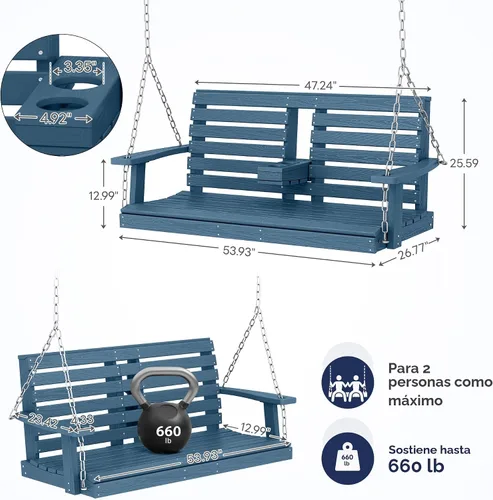 Miniatura 3 de KINGYES Columpio colgante para porche al aire libre, silla de columpio de patio de 2 asientos con portavasos, banco impermeable para patio y jardín