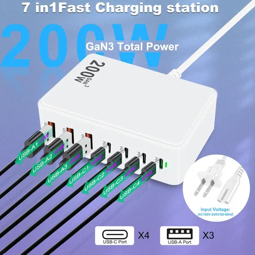 Miniatura 3 de Cargador USB C de 200 W, cargador USB C, concentrador de estación de carga rápida de 7 puertos GaN mejorado, adaptador de cargador para laptop, 200W