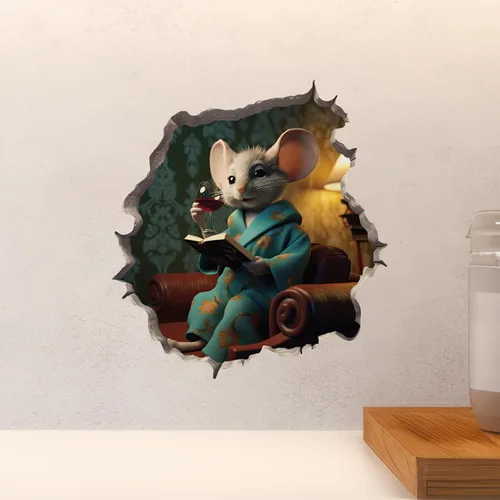 Miniatura 4 de Calcomanía de pared 3D con agujero de ratón con diseño de vino y libro mí