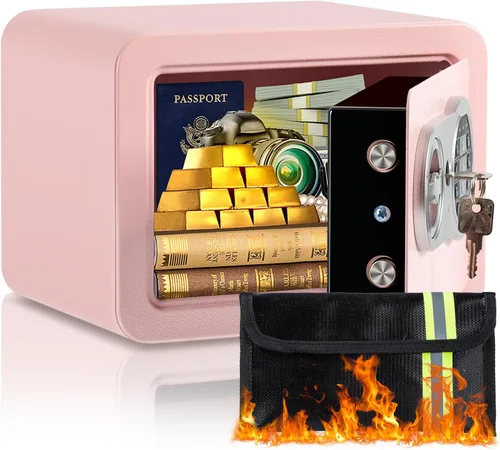 Caja de seguridad de 0.23 pies cúbicos, pequeña con bolsa ignífuga, llaves y código de acceso, caja de seguridad electrónica digital para efectivo,