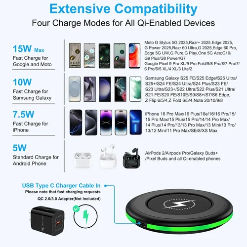 Miniatura 6 de Cargador inalámbrico para Samsung Galaxy S26 Ultra/S25 Ultra/S25 Plus/Z Fold7/Flip7/S24FE/S23Ultra/S22/S21,15W Cargador Android Estación de carga