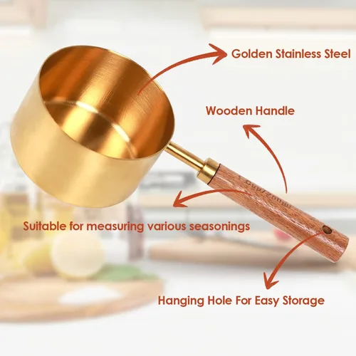 Miniatura 5 de Colección de 8 tazas medidoras doradas y cucharas medidoras, dorado con asas de madera fragante, juego completo de tazas y cucharas medidoras