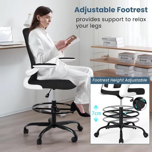 Miniatura 3 de Silla de dibujo para escritorio de pie, silla ergonómica ejecutiva para computadora, silla de oficina alta con reposabrazos abatibles, anillo