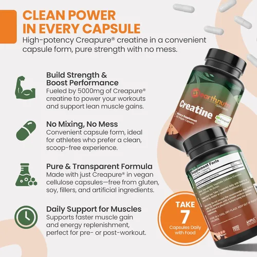 Miniatura 3 de EarthNutri Cápsulas de monohidrato de creatina, micronizadas para una mejor absorción, apoya la fuerza muscular, la fuerza y la recuperación, 105