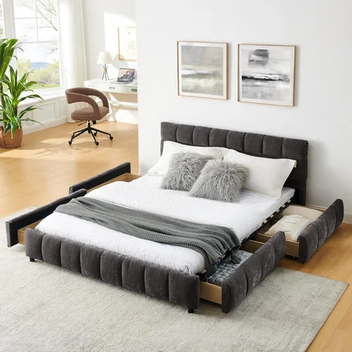 Miniatura 24 de Base de cama tapizada tamaño California King con tela de felpilla gruesa, cama de plataforma con cabecero copetudo, marco de madera maciza, diseño