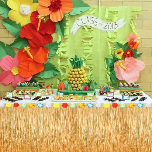 Miniatura 5 de PHOGARY Luau - Falda de mesa de hierba de 9 pies (mejorado) para decoraciones de fiesta hawaiana, flecos de hierba falsa con flores de hibisco