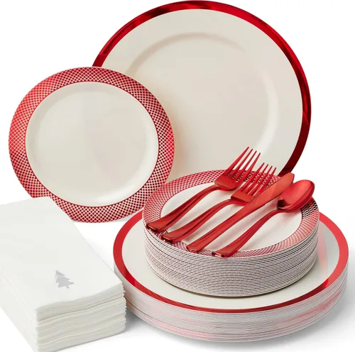 Miniatura 9 de By Madee PREMIUM - Juego de vajilla desechable elegante – Juego de platos y utensilios de plástico de oro rosa de 175 piezas con servilletas