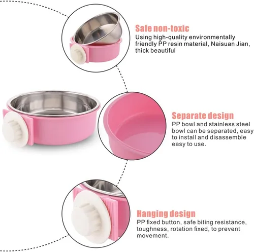 Miniatura 5 de Cuenco para jaula de perro extraíble de acero inoxidable, comederos de agua y comida, taza para jaula/corral para gatos, cachorros, pájaros, Rosa