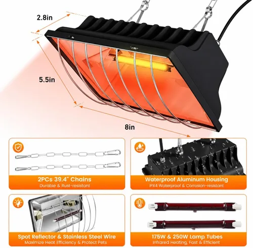 Miniatura 4 de Lámpara de calor para pollos, calentador de gallinero para pollitos con 2 bombillas de calefacción (250 W y 175 W), temperatura ajustable y alturas