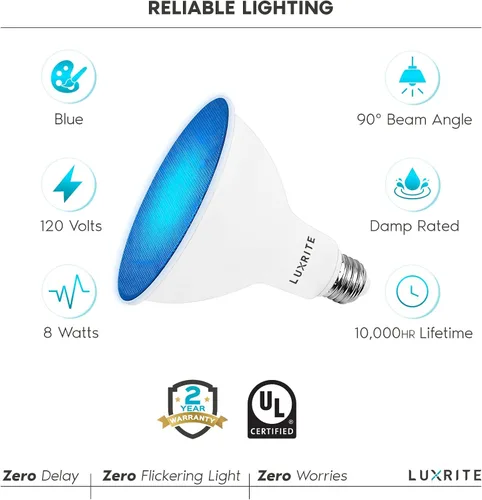 Miniatura 7 de LUXRITE Bombilla LED PAR38 azul de inundación, 8 W (equivalente a 45 W), bombilla LED azul de inundación, clasificación húmeda, certificación UL