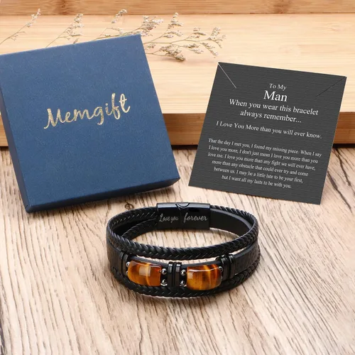 Miniatura 7 de Mens Leather Bracelets for Him Son Birthday Gift for Boyfriend Husband Brother Father's Day Gifts for Dad To My Men Bracelet with 2 Tiger Eyes for
