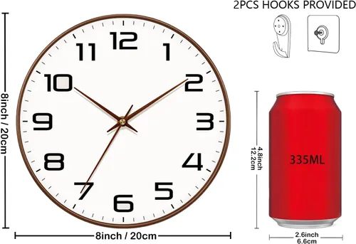 Miniatura 3 de Reloj de pared de grano de madera, silencioso sin tictac, funciona con pilas, 8 pulgadas, números grandes y fáciles de leer, reloj analógico moderno