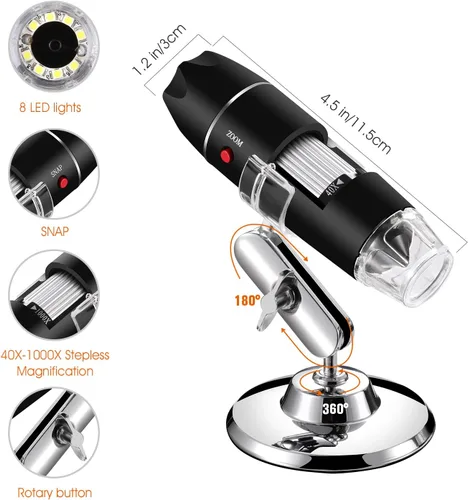 Miniatura 3 de Microscopio USB para Android/PC, microscopio digital de aumento 40-1000X, endoscopio de cámara con 8 luces LED ajustables