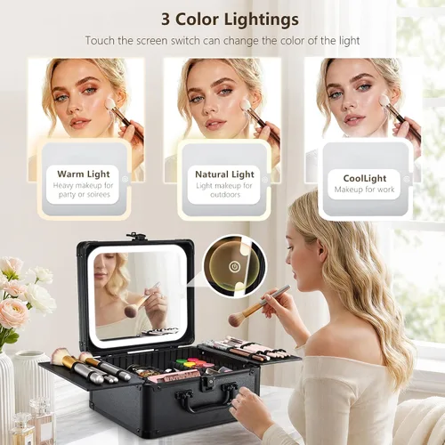 Miniatura 4 de Faquenc Estuche de maquillaje con espejo iluminado magnético, caja organizadora de maquillaje, estuche de cosméticos de viaje con espejo LED de 3