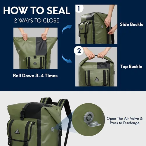 Miniatura 3 de Haimont Mochila enrollable 100% impermeable de gran capacidad IPX7, bolsa seca con bolsillos y válvula de aire, kayak, campamento, 60/100L