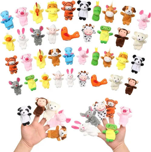 Juego de 60 marionetas de dedo, 19 marionetas de dedos de animales de peluche diferentes, relleno de caza de huevos de Pascua para contar historias,