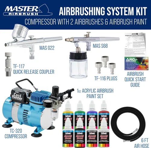 Miniatura 2 de Master Airbrush Cool Runner II Kit de cepillo de aire con compresor de aire doble ventilador, juego de aerógrafo de alimentación por gravedad