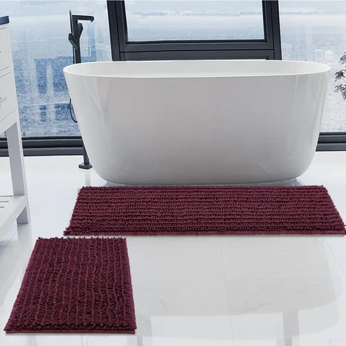 Miniatura 14 de Juego de 2 alfombras de baño de felpilla de lujo, parte inferior de goma termofusible gruesa, antideslizantes, alfombras de baño de secado rápido