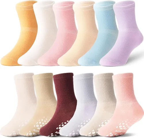 Miniatura 8 de ANTSANG 12 pares de calcetines de bebé para niñas, niños, niños pequeños con empuñaduras, calcetines de tripulación de algodón